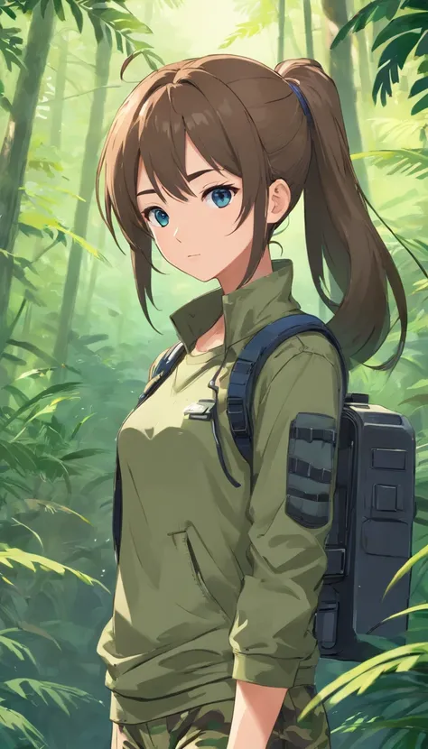 best qualtiy， tmasterpiece， 超高分辨率， realisticlying，1 female，White high ponytail，Carry an AWP sniper rifle，Camouflage tights，There is a camouflage pattern on the face，Next to Camouflage Humvee，the rainforest，wide angles