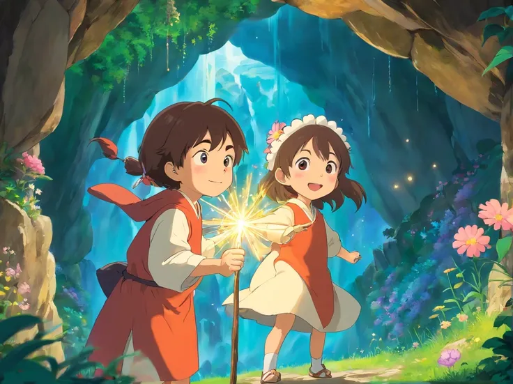 Deep in the cave，The little boy and the little girl saw a fairy。She wore a beautiful robe，Wearing a flower crown on his head，With a smile on his face。Still holding this magic wand in his hand，Next to the fairy is a gemstone shining with light，The whole sce...