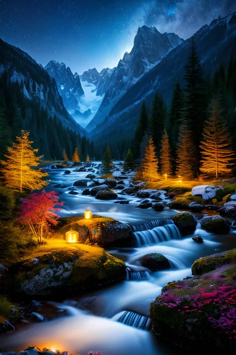 best quality, masterpiece, beautiful wild and natural fantasy landscape with glowing lights