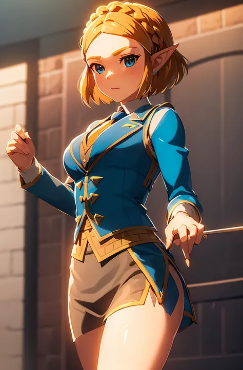 masterpiece,best quality,zelda(princess), 1girl, solo, breasts,short_hair,  skirt suit, (((three-piece suit))), (((necktie))), blazer, (((suit jacket))), (((waistcoat))), double-breasted waistcoat, bodycon miniskirt, pencil skirt,