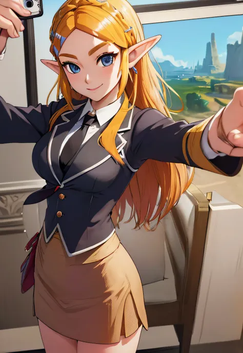 (selfie:1.3), photorealistic, Zelda, smile,, (masterpiece, best quality, detailed:1.3),  skirt suit, (((three-piece suit))), (((necktie))), blazer, (((suit jacket))), (((waistcoat))), double-breasted waistcoat, bodycon miniskirt, pencil skirt,