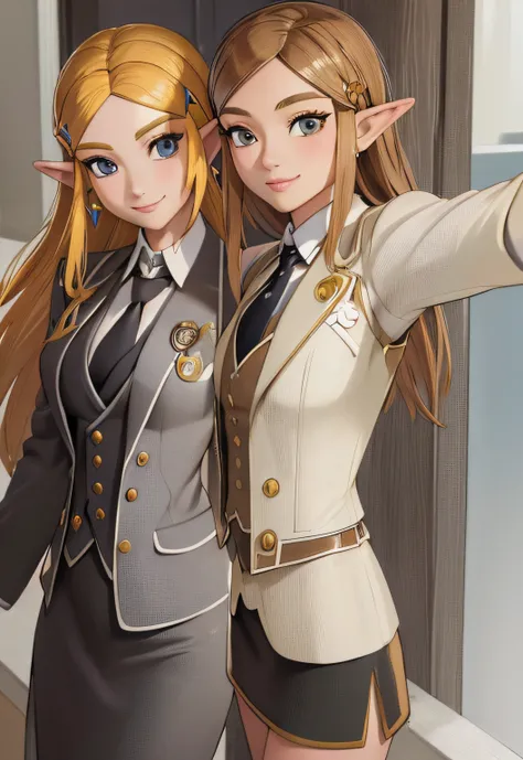 (selfie:1.3), photorealistic, zelda, smile,, (masterpiece, best quality, detailed:1.3),  skirt suit, (((three-piece suit))), (((...