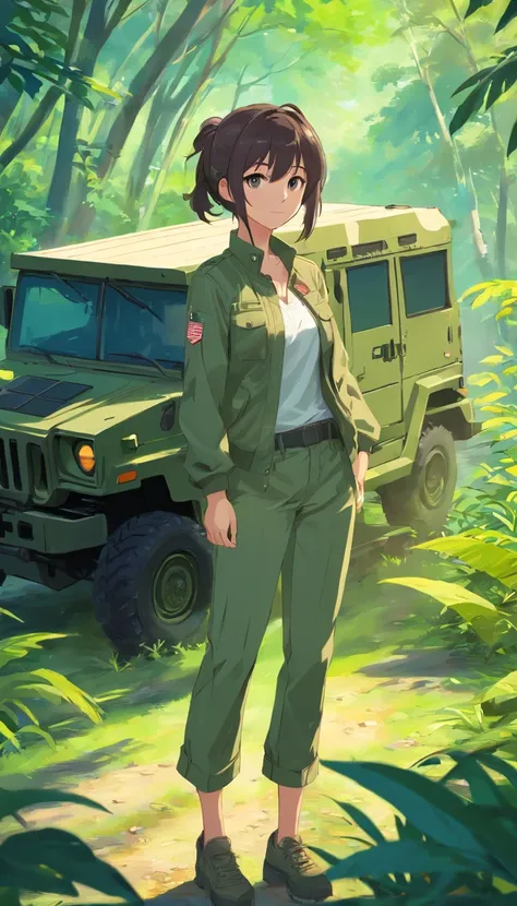 best qualtiy， tmasterpiece， 超高分辨率， realisticlying，1 female，（White high ponytail），（Carry AWP sniper rifles），（Camouflage underwear，long trousers），A haughty face，Next to the Camouflage Humvee，the rainforest，wide angles