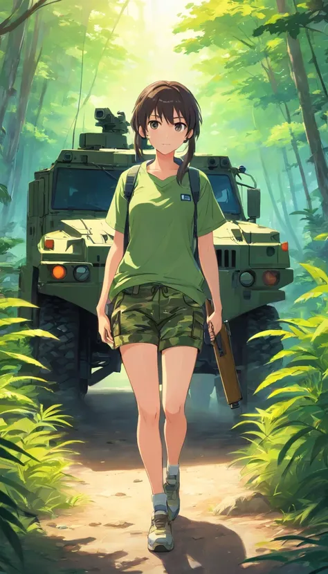 best qualtiy， tmasterpiece， 超高分辨率， realisticlying，1 female，（White high ponytail），（Carry AWP sniper rifles），（Camouflage underwear，long trousers），A haughty face，Next to the Camouflage Humvee，the rainforest，wide angles