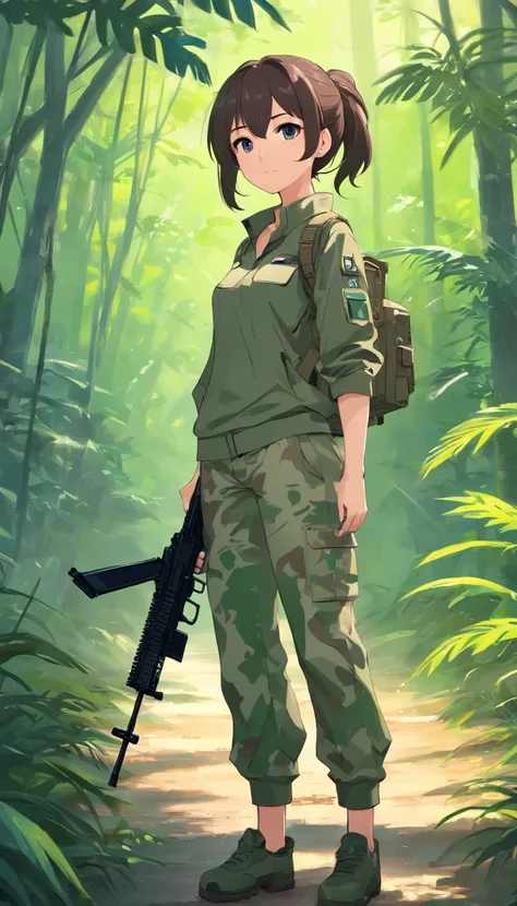 best qualtiy， tmasterpiece， 超高分辨率， realisticlying，1 female，（White high ponytail），（Carry AWP sniper rifles），（Camouflage underwear，long trousers），A haughty face，Next to the Camouflage Humvee，the rainforest，wide angles