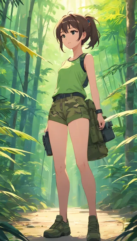 best qualtiy， tmasterpiece， 超高分辨率， realisticlying，1 female，（White high ponytail），（Carry AWP sniper rifles），（Camouflage underwear，long trousers），A haughty face，Next to the Camouflage Humvee，the rainforest，wide angles