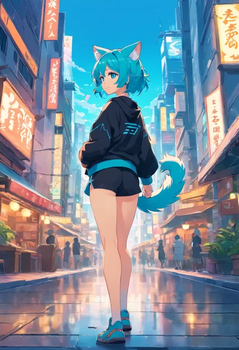 Genshin impact, Girl, Cyan Hair, Cat ears, cute, perfect smile, perfect hands, perfect eyes, cyan eyes, black pullover with white outlines and black shorts, Cyan fluffy cat tail, magical, powerful, magical, Futuristic city, cyberpunk, tall buildings, cars,...