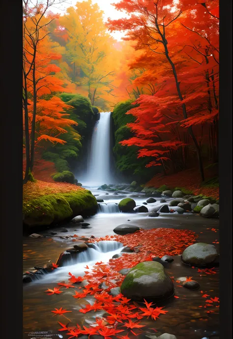 Landscapes, Red leaf background, (Highly detailed CG unified 8K wallpaper), complex, high detal, foco nítido, Dramatic, Photorealistic painting art