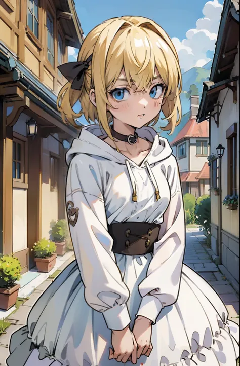 (masterpiece, best quality, ultra-detailed, illustration), beautiful face, blonde hair, perfect body, 1girl in, solo, hoodies and camisoles, hair ribbon, dress, straps, village, old houses, outdoors, folk, legends, collar