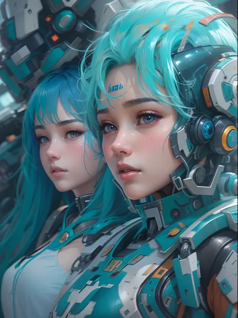 baroque art style of A close-up of a blue-haired woman and a blue robot, anime robot mixed with organic, Zhongguang society, anime mech aesthetics, girl wearing mech network armor, cyberpunk anime girl mech, trend in CGSTATION, cute cyborg girl, smooth blu...