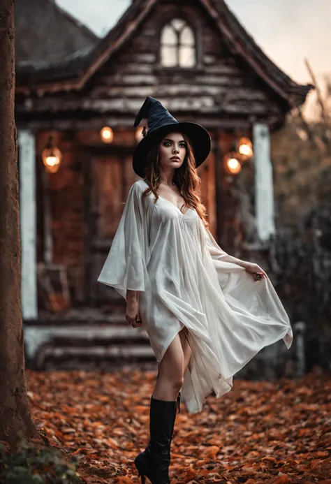 girl, beautiful cute woman super model, super sensual pose, 22 years old, perfect anatomy, ultra realistic, photo realistic, 8k resolution, raw photo, perfect white balance, high quality, high detail, cinematic, rim light, wearing beautiful halloween witch...