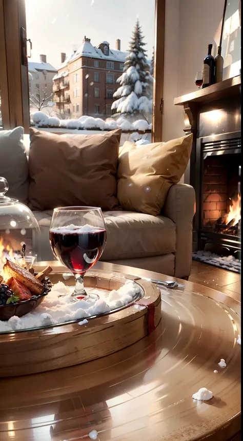 Extreme close-up，clear，tmasterpiece，New Years table，It stores delicious food，red wine，the fruits，barbecue，wineglass，red sofa，fireplace，Bright natural light，It was snowing heavily outside the window，liveroom，C4D，Empty product display scene，Positive perspect...