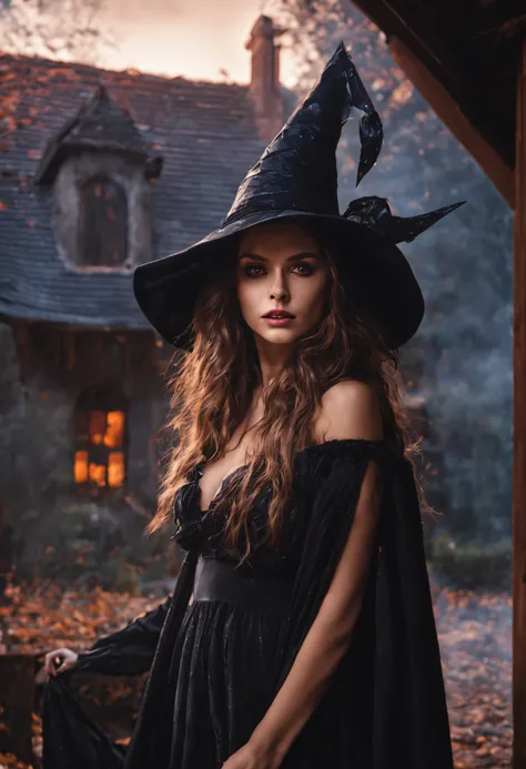 girl, beautiful cute woman super model, super sensual pose, 22 years old, perfect anatomy, ultra realistic, photo realistic, 8k resolution, raw photo, perfect white balance, high quality, high detail, cinematic, rim light, wearing beautiful halloween witch...