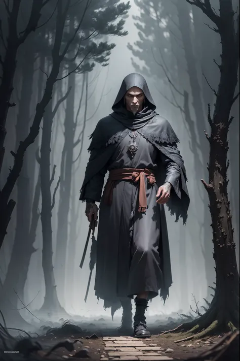 a anthropomorphic crow wearing tattered monks robes walks sadly through the stormy anddark pine forest, highly detailed illustration,concept art, magical realism