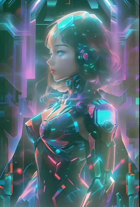 mecha-girl，Futuristic virtual holographic digital image background，（Doubleexposure：1.8），Complex illustrations in surrealist art style，Surreal dreams，Incognito as a virtual hologram person，Transparent people，Virtual holographic digital image