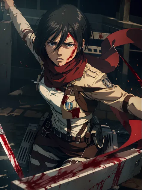 Masterpiece, A high resolution, Photorealistic, Best quality, 8K, Best quality, Ultra-detailed, Cinematic lighting, 1girll, mikasa ackerman, shingeki no kyojin, 1girll, belt, Black hair, Cropped jacket, emblem, hair between eye, Jacket, Paradise military u...