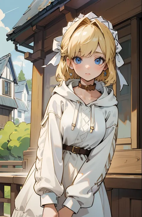 (masterpiece, best quality, ultra-detailed, illustration), beautiful face, blonde hair, perfect body, 1girl in, solo, hoodies in sweater and camisoles, hair ribbon, dress, straps, village, old houses, outdoors, folk, legends, collar