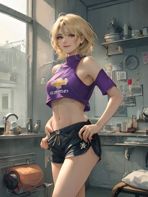 short hair, blonde hair, purple eye, smile, Manchester United t-shirt, underpants, window, legs, bare shoulders, midriff, buttocks