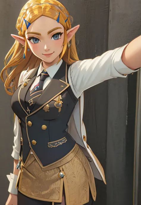 (selfie:1.3), photorealistic, zelda, smile,, (masterpiece, best quality, detailed:1.3),  skirt suit, (((three-piece suit))), (((...