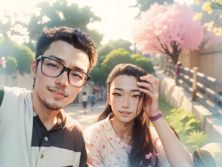 two guys，Boys and girls，ssmile，Asian people，Pure love，Spring-Summer Background，90s style anime retro