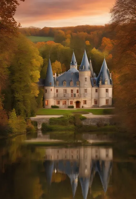 Luxury chateau on the left of the image. In the middle is a glass roof that connects the castle to a wine cellar. The wine cellar is located on the right of the image. The image must be from a landscape angle of view.