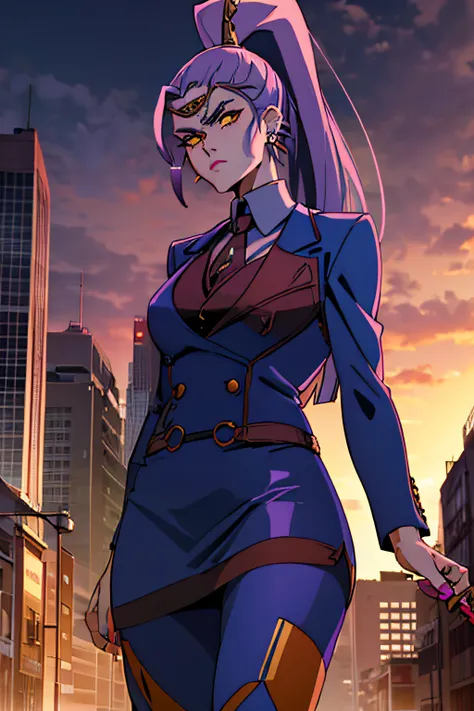 megaera, 1girl, solo, ponytail, colored skin,  skirt suit, (((three-piece suit))), (((necktie))), (((blazer))), (((suit jacket))), (((waistcoat))), double-breasted waistcoat, (((bodycon miniskirt))), pencil skirt, pantyhose, tights, cufflinks, tie clip, po...