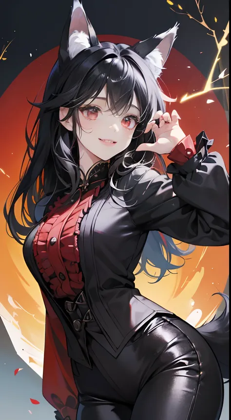 (Best Quality,4K,High resolution), Little cheerful girl、((Wolf ears、wearing black aristocratic clothing、Tight pants style、Disheveled black hair、))、sharp eye、Smile refreshingly、Chibi、Beautiful red eyes、Comical depiction、kawaii illustration、busy、Colorful fai...