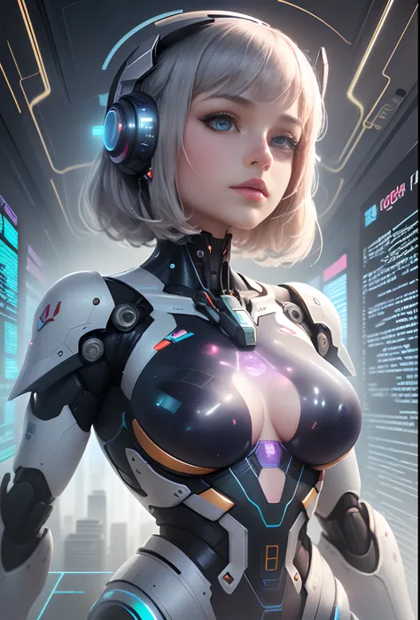 mecha-girl，Futuristic virtual holographic digital image background，（Doubleexposure：1.8），Complex illustrations in surrealist art style，Surreal dreams，Incognito as a virtual hologram person，Transparent people，Virtual holographic digital image