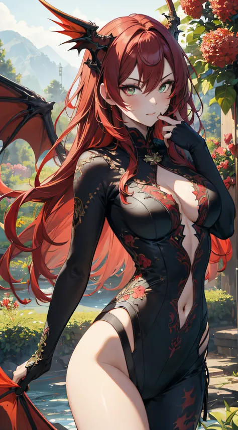 (best quality,4k,8k,highres,masterpiece:1.2),ultra-detailed,portrait,red hair,strong gaze,sharp pupils,half dragon motif,beautiful detailed face,dragon scales on half of her face,long flowing hair,expressive eyes,confident posture,standing in a lush garden...