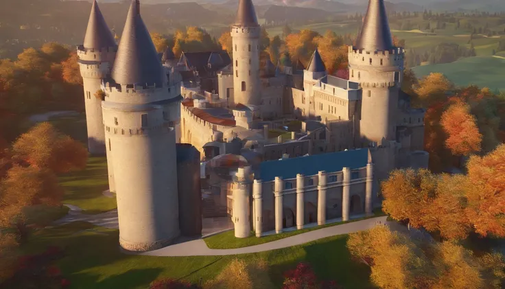 Luxury castle on the left of the image. In the middle is a glass roof that connects the castle to a wine cellar. The wine cellar is located on the right of the image. The image must be taken from a landscape perspective.