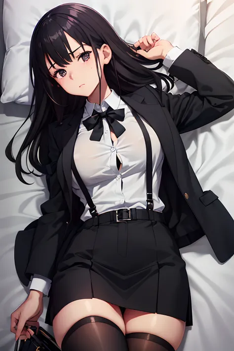 Suit,Collared shirt,Belt bag,Suspenders Black Miniskirt　garterbelts　knee high　Stockings　Black Niso　Colorcon armpit sweat　perspiring　Side of both hands,Black jacket,Gaze,ample bosom,Armpit sweat,Exposing the armpits"Tight clothes、Cuffed、wristbands　Lying in ...