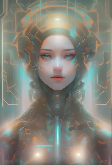 mecha-girl，futuristic virtual holographic digital image background，（doubleexposure：1.8），complex illustrations in surrealist art ...