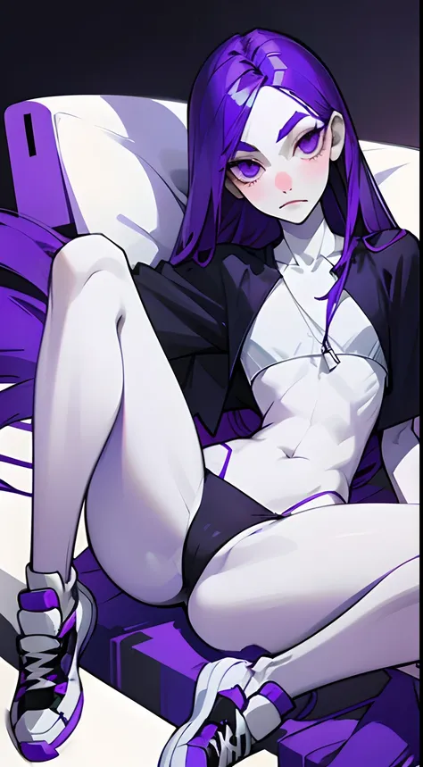 Girl with long thin purple hair, White Skin Skin, Vysokoch, Skinny,  beatiful face, sharp facial features, little chest, in a black thong and crop top, white sneakers, lying on his back, ass