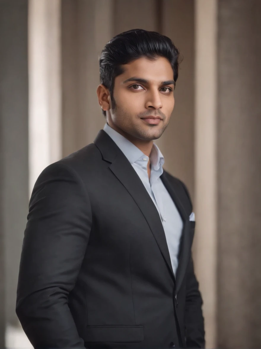 30 year old Indian man with black hair in a business suit, portrait, looking directly at the camera, headshot, shaved