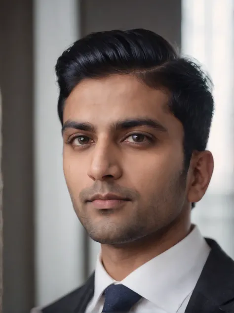 30 year old Indian man with black hair in a business suit, portrait, looking directly at the camera, headshot, shaved