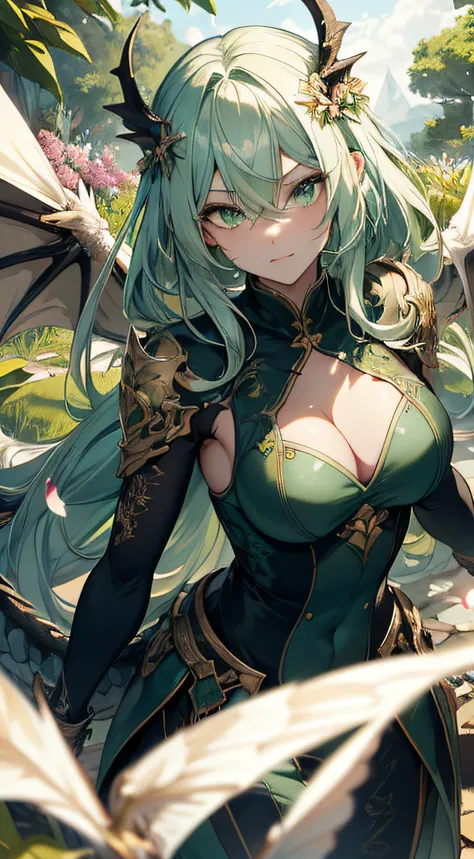 (best quality,4k,8k,highres,masterpiece:1.2),ultra-detailed,portrait,white and green hair,strong gaze,sharp pupils,half dragon motif,beautiful detailed face,dragon scales on half of her face,long flowing hair,expressive eyes,confident posture,standing in a...