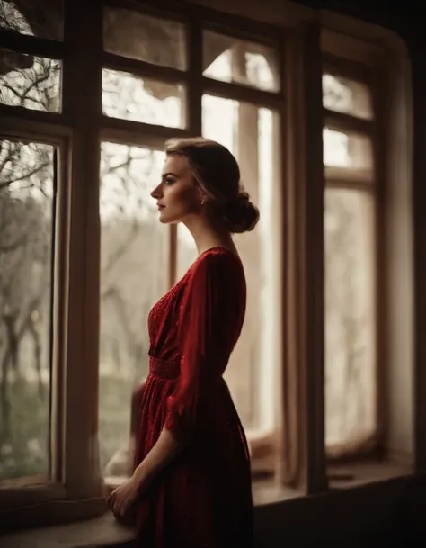 A beautiful Russian model stand near the window, shes  ... , Dramatic scene, low light room , black trees are back of the window, red shoes, Persian architecture