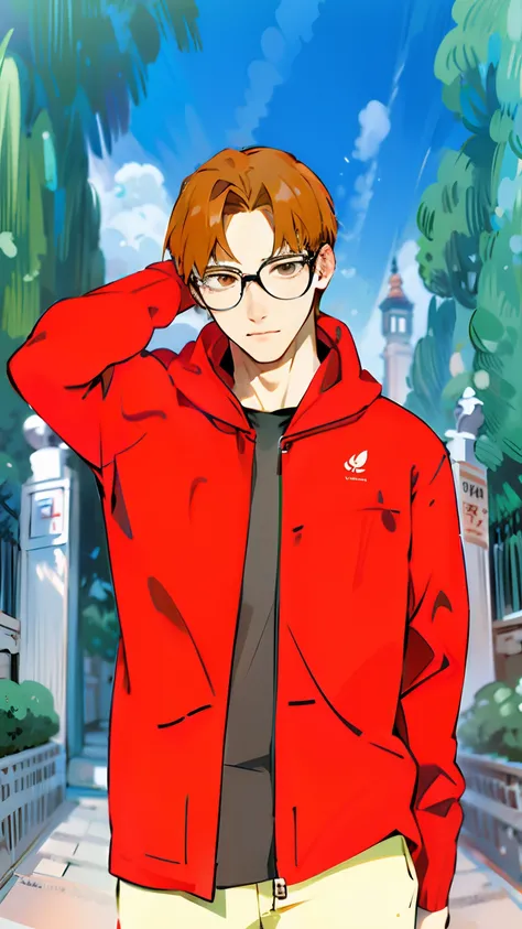 Best Quality, Real Life Person, Male, Glasses, Korean Idol, Red Jacket, Sharp Nose, Comma Hair