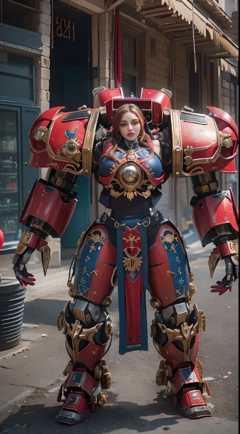 (The main subject: Wide-angle lens), salama，Singer Madonna as Marine Astartes, (In huge power mechs) colours： red colour, (warhammer40k)，Realistic metal mech,Standing in the street.(Best quality,4K,8K,A high resolution,Masterpiece:1.2),(Realistic,Photoreal...