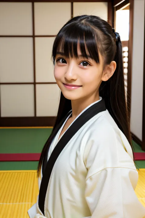 1girll, Beautiful detailed eyes, Long black hair, Light green eyes, Karate white doshi,Black band , Glossy glossy skin, Inside the dojo, On tatami mats, vague, High contrast,ssmile，Side Body，turn back，No headgear，JK Age ，((masutepiece, Best Quality))