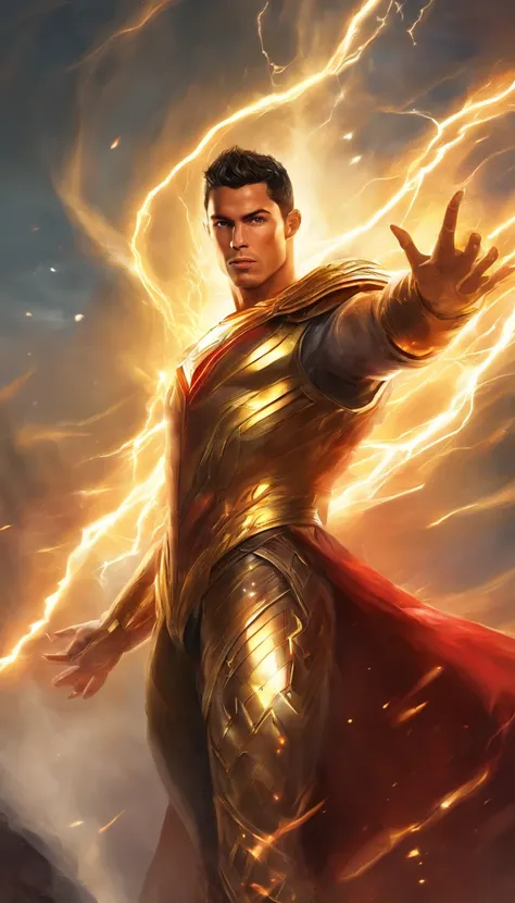 Cristiano Ronaldo,The SIU,Pose du flash, main de foudre, guerrier,yeux rouges,Golden Electrical Power,Holding a lightning bolt