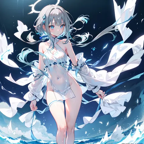 An anime teen girl, ((walking on water)), (mostly naked), barefoot, cinematic light, skin is perfectly white, soft, and smooth, ((no nsfw)), Extremely delicate and beautiful CG illustration, small thigh, slim body, best quality, high resolution, dynamic an...