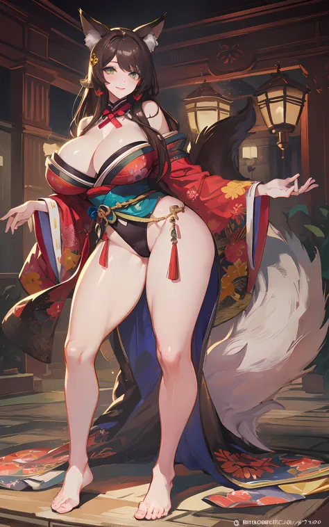 (Masterpiece: 1.5), (Best Quality: 1.5), Perfect Eyes, Perfect Face, Volumetric Lighting, 1 Woman, Mature Woman, (Whiteness: 5), Fox ears, Fox tail, green eyes, dark brown hair, massive breasts, massive cleavage, kimono, thick thighs, wide hips, sexy, bare...