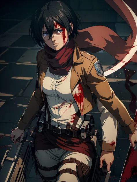 Masterpiece, A high resolution, Photorealistic, Best quality, 8K, Best quality, Ultra-detailed, Cinematic lighting, 1girll, mikasa ackerman, shingeki no kyojin, 1girll, belt, Black hair, Cropped jacket, emblem, hair between eye, Jacket, Paradise military u...