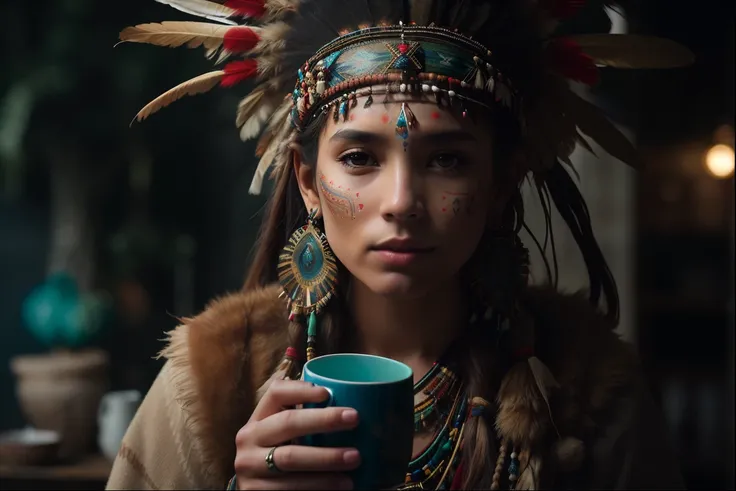 A woman with a feathered headdress holding a cup of coffee, a young female shaman, beautiful young female shaman, wholesome techno - shaman lady, she is dressed in shaman clothes, : native american shamen fantasy, maquiagem tribal, ayahuasca shaman, Nativo...