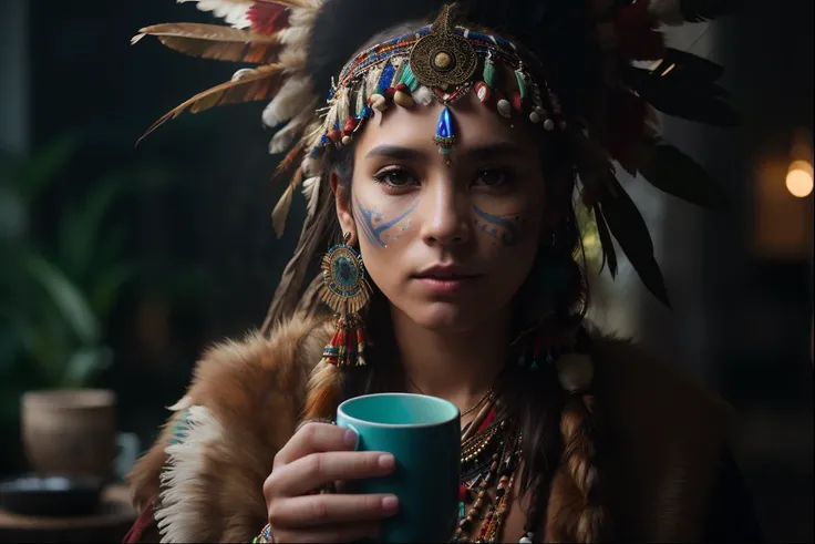 A woman with a feathered headdress holding a cup of coffee, a young female shaman, beautiful young female shaman, wholesome techno - shaman lady, she is dressed in shaman clothes, : native american shamen fantasy, maquiagem tribal, ayahuasca shaman, Nativo...