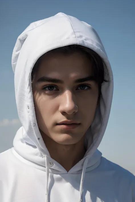 (masterpiece:1.2), (best quality:1.2), hyper realistic,high-end,absurd,extremely detailed,volumatic,dramatic lighting,(Front view),20 year old boy,face,detailed eyes,white hood,black t-shirt, with antecedents ((sky))