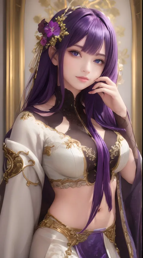 (masterpiece, sidelighting, finely detailed beautiful eyes: 1.2), masterpiece*portrait, realistic, 3d face, glowing eyes, shiny hair, lustrous skin, solo, embarassed, (midriff), purple hair, soft lips, glossy lips