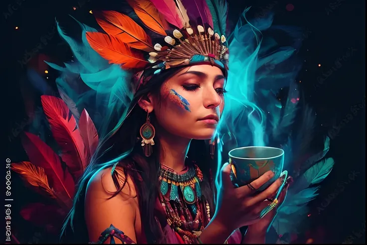 A woman with feathers and a cup of tea, ayahuasca shaman, a young female shaman, wholesome techno - shaman lady, ayahuasca, ayahuasca ceremony, : native american shamen fantasy, the ayahuasca spirit, shaman witch, xamanismo, she is dressed in shaman clothe...