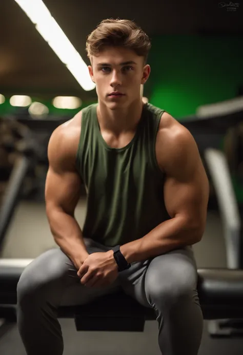 (deep focus,highres:1.2),(realistic:1.37) portrait,Dean,17 years old, specialist,slightly serious expression,brown hair,green eyes,strong physique,full-body shot,working out,male,professional lighting and bekah